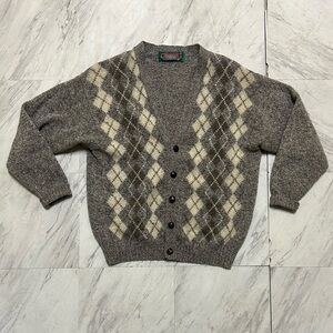 Argyle Knit Cardigan Mens M 100% Wool Brown Grandad Sweater